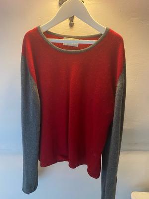 red cashmere jumper with grey sleeves