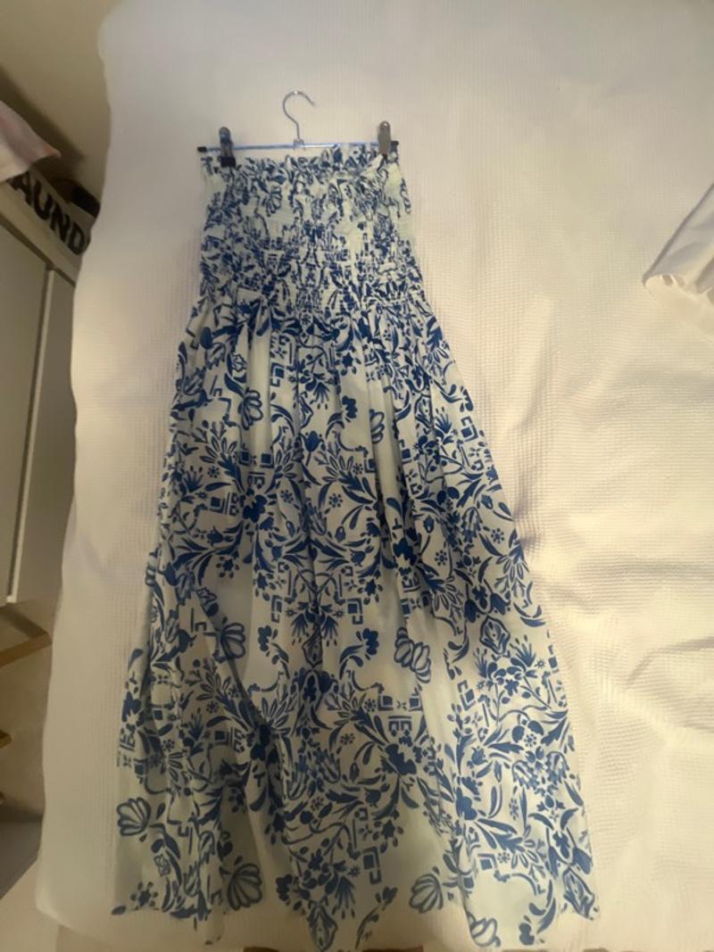 strapless blue & white long dress